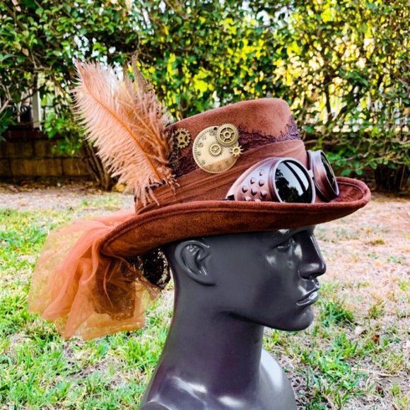 UniMasquerade Accessories - Victorian Steampunk Feather Lace Women Top Hat Dark Lens Goggles Party Costume